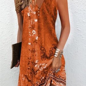 Chic Floral Orange V-Neck Dress